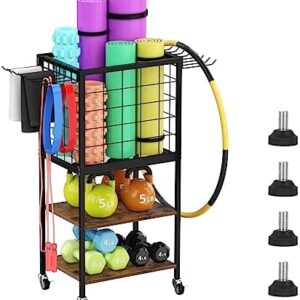 Weight Rack for Dumbbells, Yoga Mat Storage Rack, Home Gym Workout Equipment Storage Organizer, 3-Tier Wooden Dumbbell Rack Weight Stand with Hooks, Yoga Mat Holder with Wheels for Yoga Block