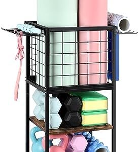 Weight Rack for Home Gym Dumbbells Yoga Mat Storage Rack Cart Metal Wood Home Gym Workout Equipment Storage with Hooks for Yoga Block Foam Rollers Resistance Bands