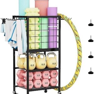 Weight Rack for Home Gym, Workout Equipment Storage Organizer, Home Gym Yoga Mat Storage Rack, Weight Storage Racks with Hooks, Yoga Mat Holder with Wheels for Yoga Block, Dumbbell, Resistance Band