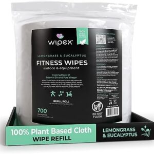 Wipex Plant Based Gym Wipes Dispenser Refill - 700 Count 8"x8" Fitness Equipment Wipes with Cleaning Vinegar, Lemongrass & Eucalyptus Essential Oil, Great Yoga Mat Cleaner, 700 Count (Pack of 1)