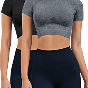 Women Workout Crop Top Short Sleeve Seamless Athletic Shirt Yoga Fitness Tight Tee Gym Cropped Tank Tops