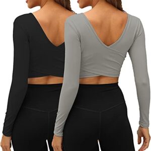 Women's Crop Tops Workout Long Sleeve Shirts 2 Pack Gym Dry Fit Athletic Yoga Cross Back Sport Compression Tops