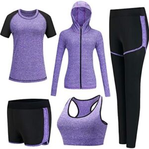 XPINYT 5pcs Workout Outfits for Women Athletic Sets Sport Suits Yoga Gym Fitness Exercise Clothes Jogging Tracksuits