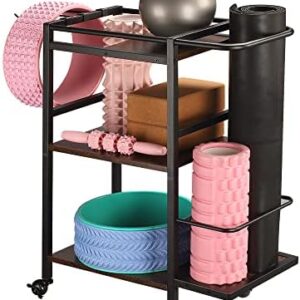 Yoga Mat Storage Rack, Butizone Home Gym Storage Rack, Workout Equipment Organizer for Yoga Mat, Foam Roller, Dumbbell, Kettlebells, Gym Accessories, Yoga Mat Holder for Women Exercise and Fitness with Hooks and Wheels