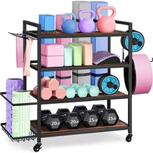 Yoga Mat Storage Rack, Home Gym Workout Equipment Storage Rack, Gym Organizer Gym Equipment Storage for Home Exercise and Fitness Gear, Cart for Organizing Workout Room with Hooks and Wheels