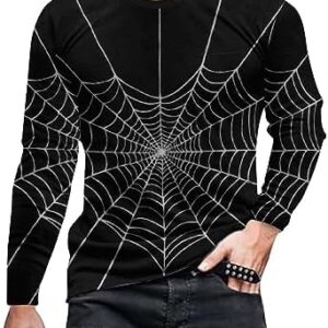 Zeiyignr Men's T-Shirts Long Sleeve Slim Fit 3D Printed Shirt Crew Neck Workout Big and Tall Halloween Spider Web Tee Shirts