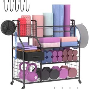 Zitaloken Yoga Mat Storage Racks,Home Equipment Workout Gym Storage Organizer for Foam Roller, Yoga Strap and Resistance Bands, Weight Storage Holder Rack for Dumbbells with Hooks and Drawer