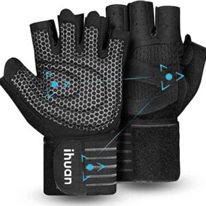 ihuan Ventilated Weight Lifting Gym Workout Gloves with Wrist Wrap Support for Men & Women, Full Palm Protection, for Weightlifting, Training, Fitness, Hanging, Pull ups