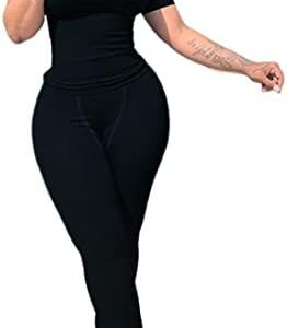 vyolu Lounge Wear Ribbed Casual 2 Piece Tracksuit Set Women Solid Skinny Short Sleeve O-Neck Top+Mid Waist Elastic Leggings