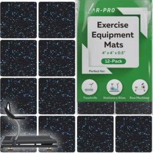 (12 Pack) AR-PRO Exercise Equipment Mats 4" x 4" x 0.5" Anti-Slip, Shock Absorbent Rubber Floor Protective Mats Perfect for Treadmills, Elliptical Trainers, Rowing Machines and Stationary Bikes