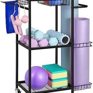 Weight Rack for Dumbbells Yoga Mat Storage Rack Home Gym Equipment Storage Rack Workout Equipment Storage Cart with Hooks for Yoga Mats, Dumbbells, Kettlebells, Foam Rollers, and Resistance Bands