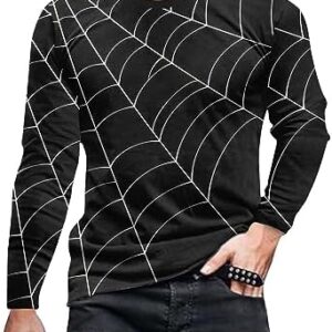 Mens Halloween Long Sleeve Spider Web T-Shirt 3D Printed Funny Tee Casual Outdoor Sports Crew Neck Tops Blouses