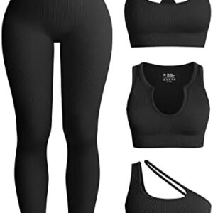 OQQ Womens 4 Piece Workout Outfits Ribbed Yoga High Waist Leggings with 3 Piece Crop Tops with Sports Bra Exercise Set