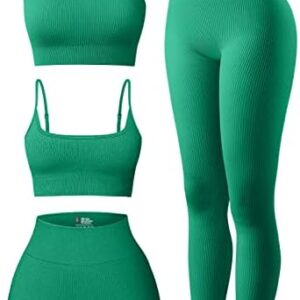 OQQ Women's 4 Piece Outfits Ribbed Exercise Scoop Neck Sports Bra One Shoulder Tops High Waist Shorts Leggings Active Set