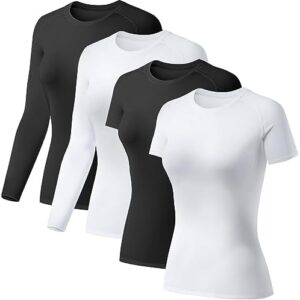 TELALEO 4 Pack Women's Compression Shirt Long/Short Sleeve Performance Workout Baselayer Athletic Top Sports Gear