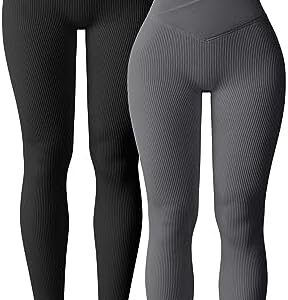 OQQ Women's 2 Piece Yoga Leggings Ribbed Seamless Workout High Waist Cross Over Athletic Exercise Leggings