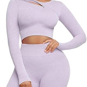 FeelinGirl Workout Sets for Women 2 Piece Seamless Long Sleeve Crop Tops Seamless Ribbed Outfits High Waist Leggings