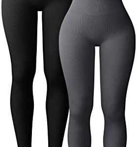 OQQ Women's 2 Piece Yoga Leggings Ribbed Seamless Workout High Waist Athletic Pants