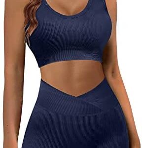 JZC Workout Outfits for Women 2 Piece Ribbed Seamless Yoga Leggings Exercise Sets