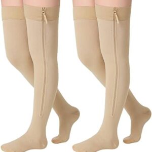 2 Pairs Zipper Compression Socks Thigh High 20-30 mmHg Compression Socks with Zipper Closed Toe Thigh High Compression Stockings for Women Men Swelling