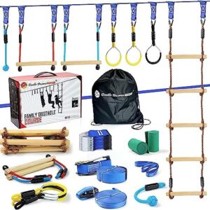 2×56ft Ninja Warrior Obstacle Course for Kids - 600 lbs Weight Capacity, Slackline Obstacle Course with 8 Ninja Accessories - Monkey Bar, Rope Ladder, Gymnastic Ring, Arm Trainer and Monkey Fist