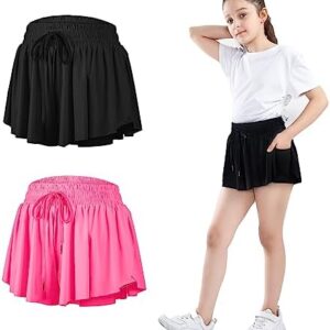 3 Pack Girls Flowy Shorts with Pockets, 2-in-1 Youth Flowy Butterfly Skirts Running Shorts for Sports,Fitness,Tennis