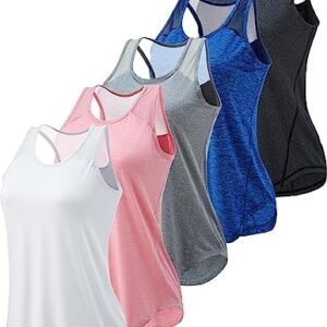 5 Pack Women's Workout Tops, Athletic Racerback Tank Tops for Women, Mesh Sleeveless Shirts Yoga for Gym Running