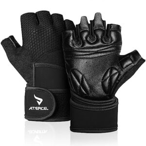 ATERCEL Workout Gloves with Synthetic Leather Palm, Black Gym Gloves for Weigh Lifting, Exercise, Fitness, Training, Pull ups, Both for Men and Women.