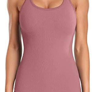 ATTRACO Ribbed Workout Tank Tops for Women with Built in Bra Tight Racerback Scoop Neck Athletic Top