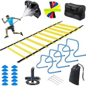 Agility Ladder Speed Training Equipment Set - Football Soccer Training Equipment for Kids, 4 Agility Hurdles, 20ft Agility Ladder, 12 Soccer Cones, Running Parachute, Jump Rope