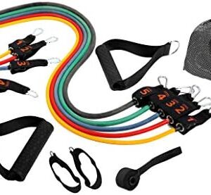 Brazyn Resistance Bands Kit with Handles 12-Piece Band Set with Travel Pouch, Guide, Ankle Straps & Door Anchor - for Workouts Gym Strength Training Bungee Yoga Pilates Physical Therapy - 150lbs