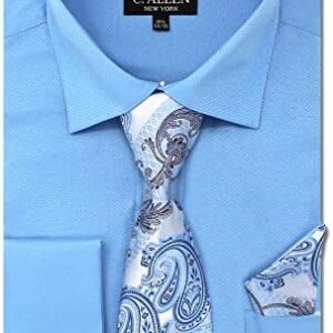 C. Allen Men's Solid Square Pattern Regular Fit French Cuffs Dress Shirts with Tie Hanky Cufflinks Combo