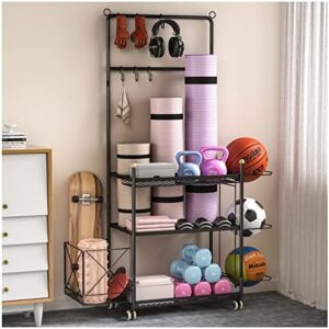 Ceinun Yoga Mat Storage Rack, Home Gym Workout Equipment Storage Rack, Organizer Yoga Equipment, Cart for Organizing Workout Room, Dumbbell Kettlebells Home Gym Storage Rack with Hooks and Wheels