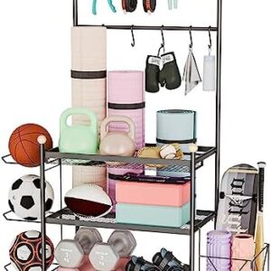 Dumbbell Rack, Weight Rack for Dumbbells Storage, Home Gym Storage for Dumbbells Kettlebells Yoga Mat and Balls, Multifunction Exercise Equipment Gym Rack Organizer with Wheels and Hooks