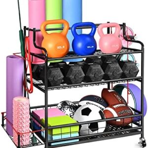 Dumbbell Rack Weight Stand SPIDERCAMP 4 Tier Yoga Mat Storage Rack Home Gym Storage Rack Upgraded Weight Rack for Dumbbells Workout Equipment Storage Organizer Garage Storage Rack With Lockable Wheels and Hooks