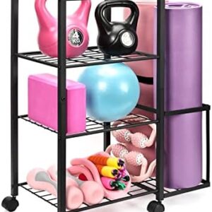 Emfogo Yoga Mat Holder Home Gym Storage Rack Yoga Mat Workout Storage for Foam Roller, Yoga Strap and Resistance Bands, Weight Rack for Dumbbells Workout Equipment Storage Organizer With Wheels