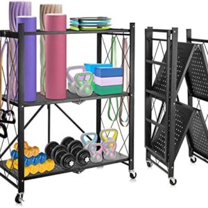 Exttlliy Yoga Mat Storage Rack Dumbbell Rack Weight Rack for Yoga Mat Dumbbells Foam Roller Kettlebells Resistance Bands and More Home Gym Storage Accessories Organization with Hooks and Wheels