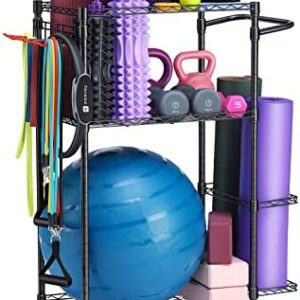 FHXZH Yoga Mat Storage Rack, Home Gym Workout Equipment Storage Rack, Cart for Organizing Workout Room, Organizer Yoga Equipment Dumbbell Kettlebells Home Gym Storage Rack with Hooks and Wheels