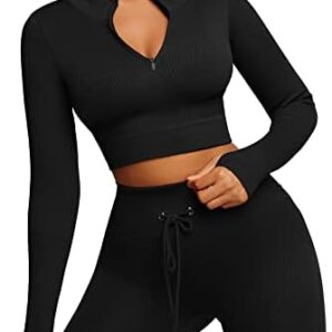 FeelinGirl Workout Sets for Women 2 Piece Seamless Long Sleeve Crop Tops Seamless Ribbed High Waist Leggings