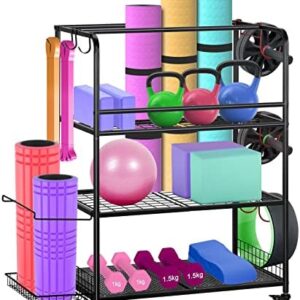 HEOMU Yoga Mat Storage Rack, Home Gym Storage Rack for Dumbbells Kettlebells, Gym Organizer Gym Equipment Storage Cart with Wheels and Hooks (Black)