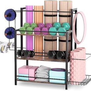 HOYRR Home Gym Storage, 3 Tier Home Gym Storage Rack, Weight Rack for Home Gym, Wood Gym Equipment Storage, 1 Storage Baskets and 2 Hooks, Suitable Home Dumbbells Kettlebells Yoga Mats Resistance Bands