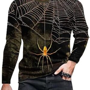 Halloween Men's Spider Web 3D Printed Long Sleeve Shirt Round Neck Casual Top Novelty Graphic Tee Slim Fit Pullover