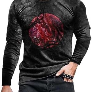 Halloween T Shirt Men Novelty Graphic Tee Shirt Forest Moon Printed Workout Athletic Shirts Long Sleeve Pullover Top