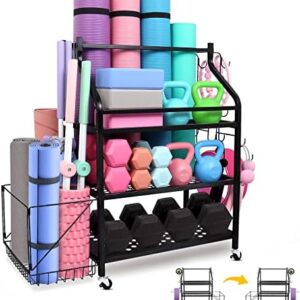 Home Gym Storage Rack - Heavy Duty Yoga Mat Storage Rack, Weight Stand for Dumbbells On Wheels with Extra Side Storage Space & Hooks,Utility Gym Equipment Organizer for Accessories Weights & Yoga Mats