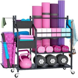 Home Gym Storage Rack for Dumbbells for Yoga Mat Dumbbells Kettlebells and Strength Training Equipment, Dumbbell Weight Rack with Wheels and Hanging Hooks