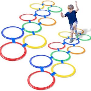 Hopscotch Squares Set Hopscotch Ring Game with Hoops Squares Connectors Outdoor Indoor Obstacle Course for Kids Playground Balance Agility Training Equipment Fun Play