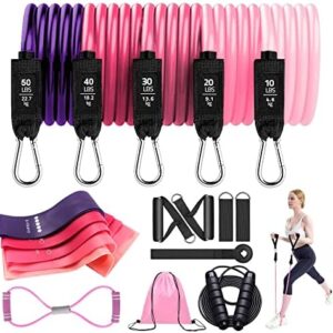 ILIEMOC 18Pcs Resistance Bands Set for Women, 5 Stackable Exercise with Handles, Loop Bands, Jump Rope, Figure 8 Band, Ideal Home Gym Fitness, Yoga, Full Body Workout Equipment Set