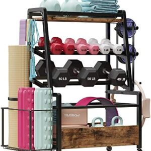 IRONCK Dumbbell Rack, Home Gym Storage Rack for Dumbbells Kettlebells Yoga Mat and Balls, Weight Rack All in One Workout Equipment Storage Organizer With Hooks and Wheels