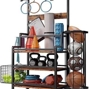 IRONCK Home Gym Storage Rack with Ball Cage, Yoga Mat Storage Racks for Dumbbells Kettlebells Foam Roller, Yoga Strap and Resistance Bands, Workout Equipment Storage Organizer With Hooks and Wheels