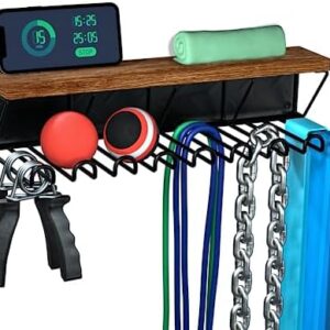 J JACKCUBE DESIGN Gym Storage Rack Organizer for Workout Equipments, Fitness Gears, Resistance Bands, Lifting Belts Rack Holder with 9 Heavy Duty Metal Hooks and Wood Shelf- MK713A